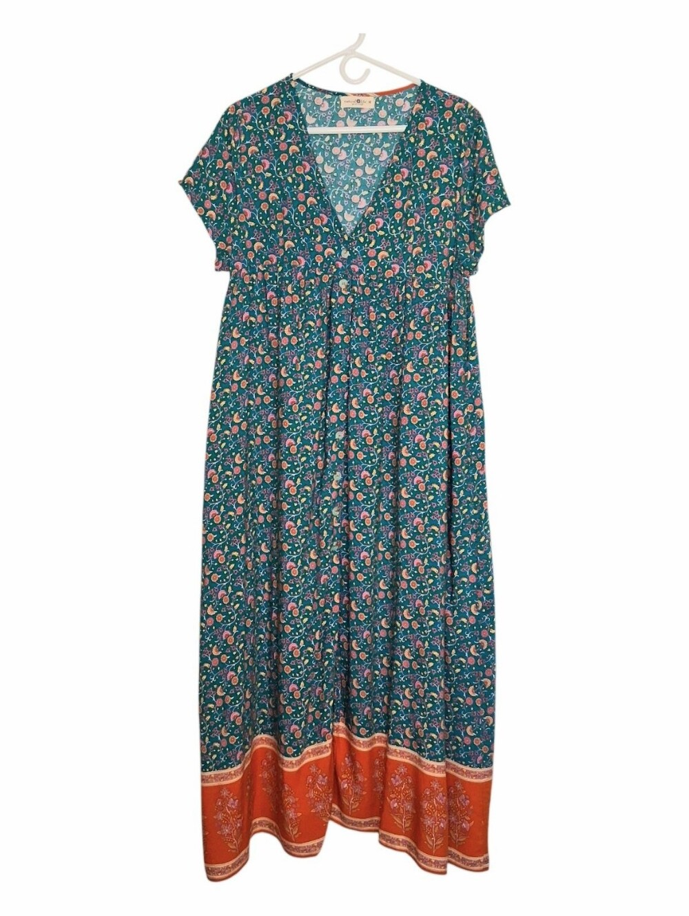 Natural Life Avery Turquoise Orange Floral Print Button Down Midi Dress Sz Med - Picture 2 of 7